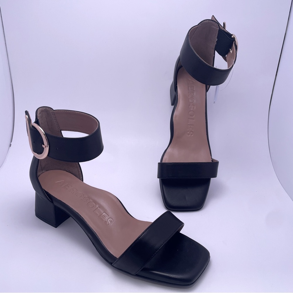 Aerosoles Eliza Black Gold Buckle Sandals Low Block Heel Women’s Size 9.5